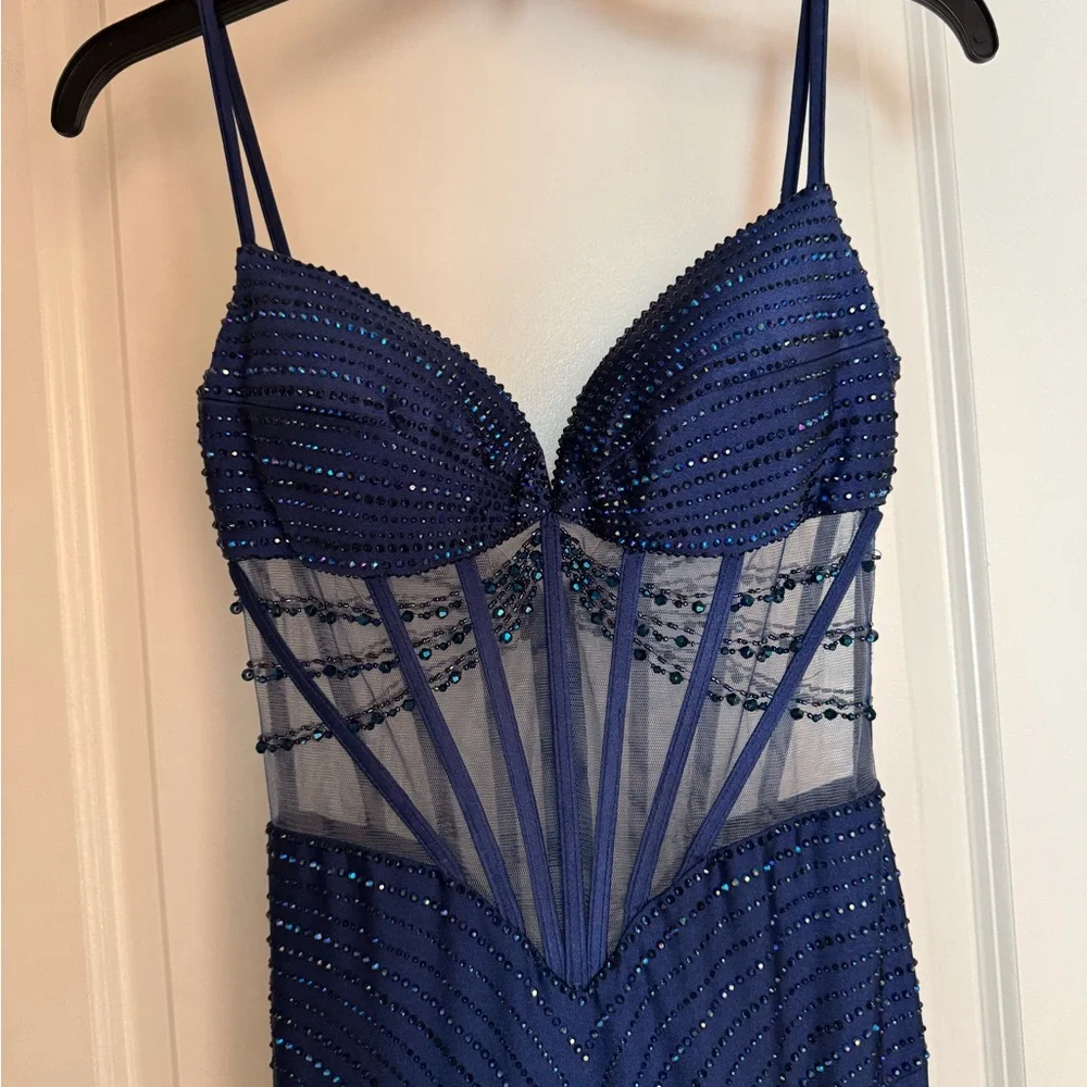 Ellie Wilde Navy Beaded Prom Gown - Picture 3 of 5